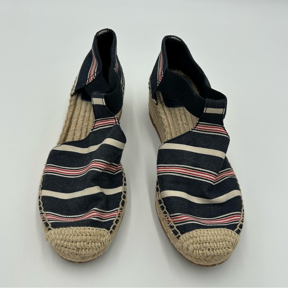 Tory Burch Catalina Espadrille Wedge Preppy Chic Striped Canvas Sandals Navy 7M